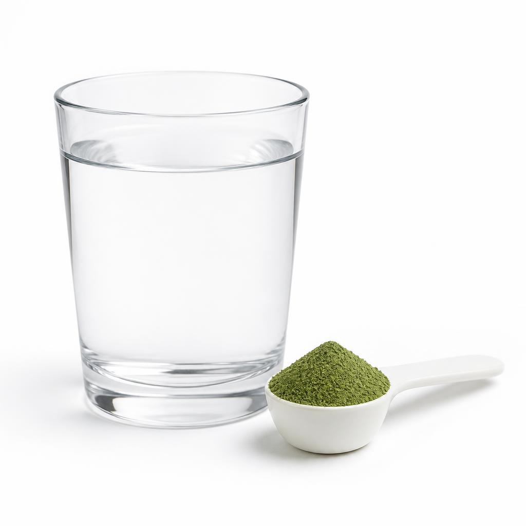 Vaso con agua y cuchara con Nano Slim en polvo